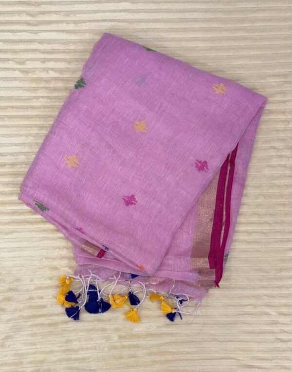 Baby pink - Handwoven Pure Jamdani Linen Saree with Paithani pallu