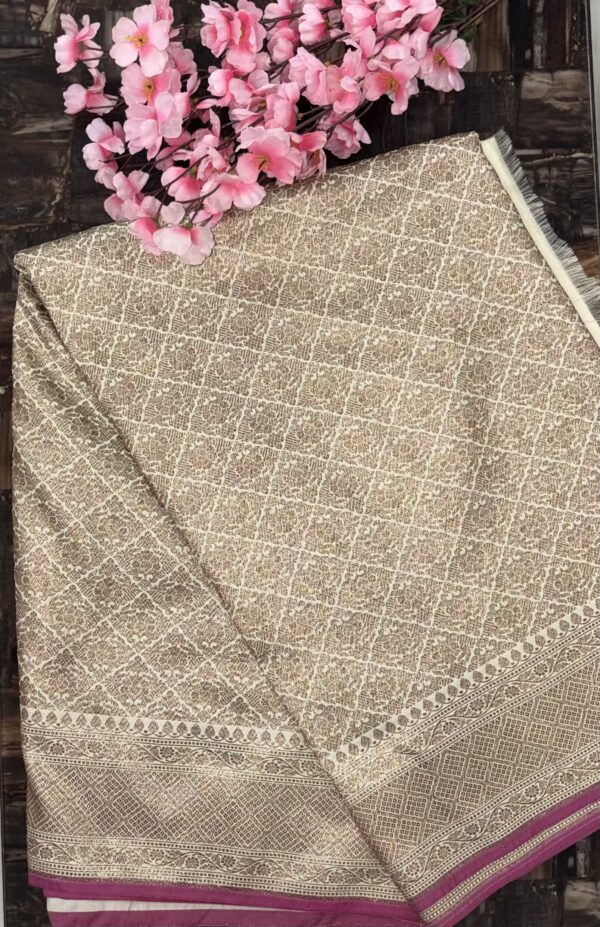 Beige Contemporary Golden Banarasi silk Saree with pink small border