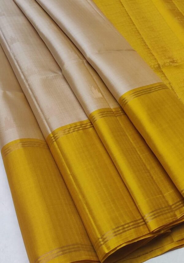 Beige with Golden Yellow Designer Pure Soft Silk  Kanchipuram Saree