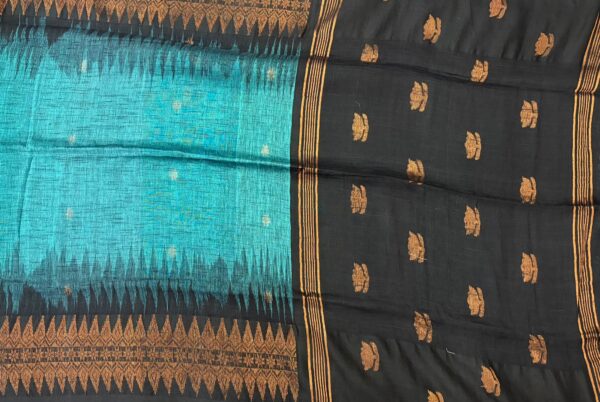 Teal Blue Pure Handloom Jamdani Linen Saree