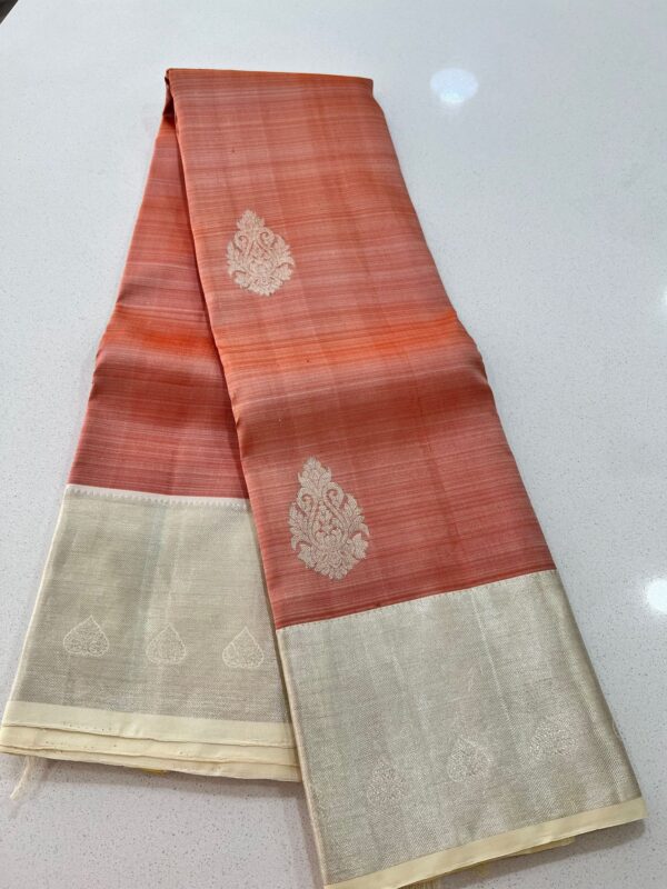 Peach Orange & Half White Kanchipuram Pure Silk Saree